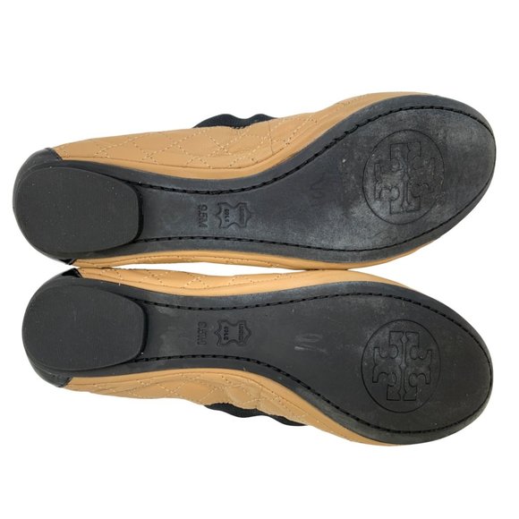 9.5 Tory Burch Quilt Scrunch Bridgette Leather Ballet Flats Black Toe Cap - Picture 4 of 12
